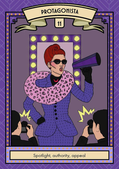 A stylized illustrated card or poster with the title 'PROTAGONISTA' at the top and the Spanish phrase 'Spotlight, authority, appeal' at the bottom. The central figure has red hair, wears sunglasses, a purple blazer, a pink leopard-print collar, and holds a megaphone, while photographers are visible at the bottom.
Glamour Oracle by Lisa Lister featuring a 36-card oracle deck inspired by vintage glamour, magical self-care rituals and modern witchcraft with a companion guidebook.