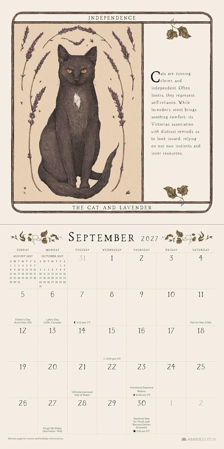 September 2027 wall calendar page featuring an illustrated black cat with lavender branches and a poem, above a monthly calendar grid.
Woodland Wardens 2027 Mini Wall Calendar by Jessica Roux featuring botanical illustrations, woodland animals and seasonal nature artwork inspired by the Woodland Wardens Oracle.