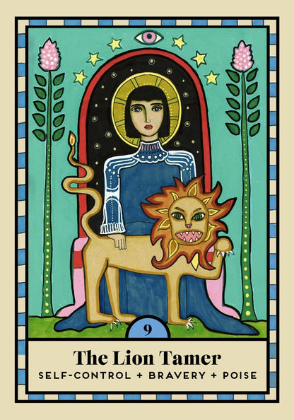 A stylized tarot card titled 'The Lion Tamer' with the subtitle 'Self-Control + Bravery + Poise.' The illustration shows a woman seated on a throne with a lion in front, surrounded by decorative plants, stars, and a teal background.