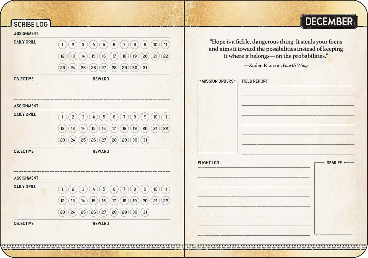 Fourth Wing 2027 monthly and weekly planner calendar with black dragon design and gold embellishment, official Empyrean series planner.