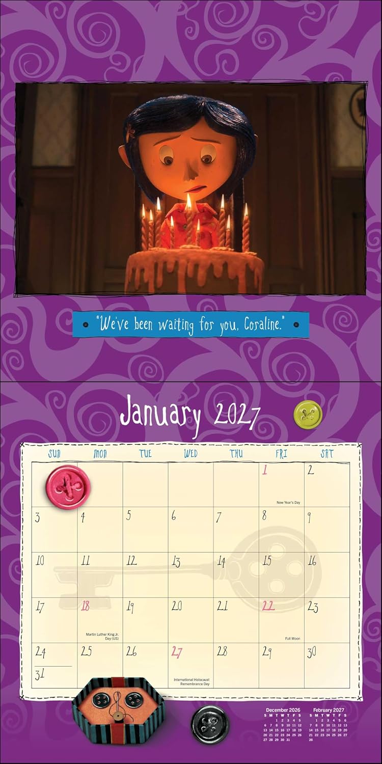 A January 2017 wall calendar page featuring a purple swirl-patterned background, a movie still of a birthday cake with candles from Coraline, a quote banner, and a cream-colored monthly calendar grid.