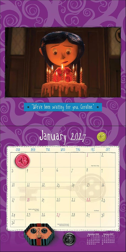 A January 2017 wall calendar page featuring a purple swirl-patterned background, a movie still of a birthday cake with candles from Coraline, a quote banner, and a cream-colored monthly calendar grid.