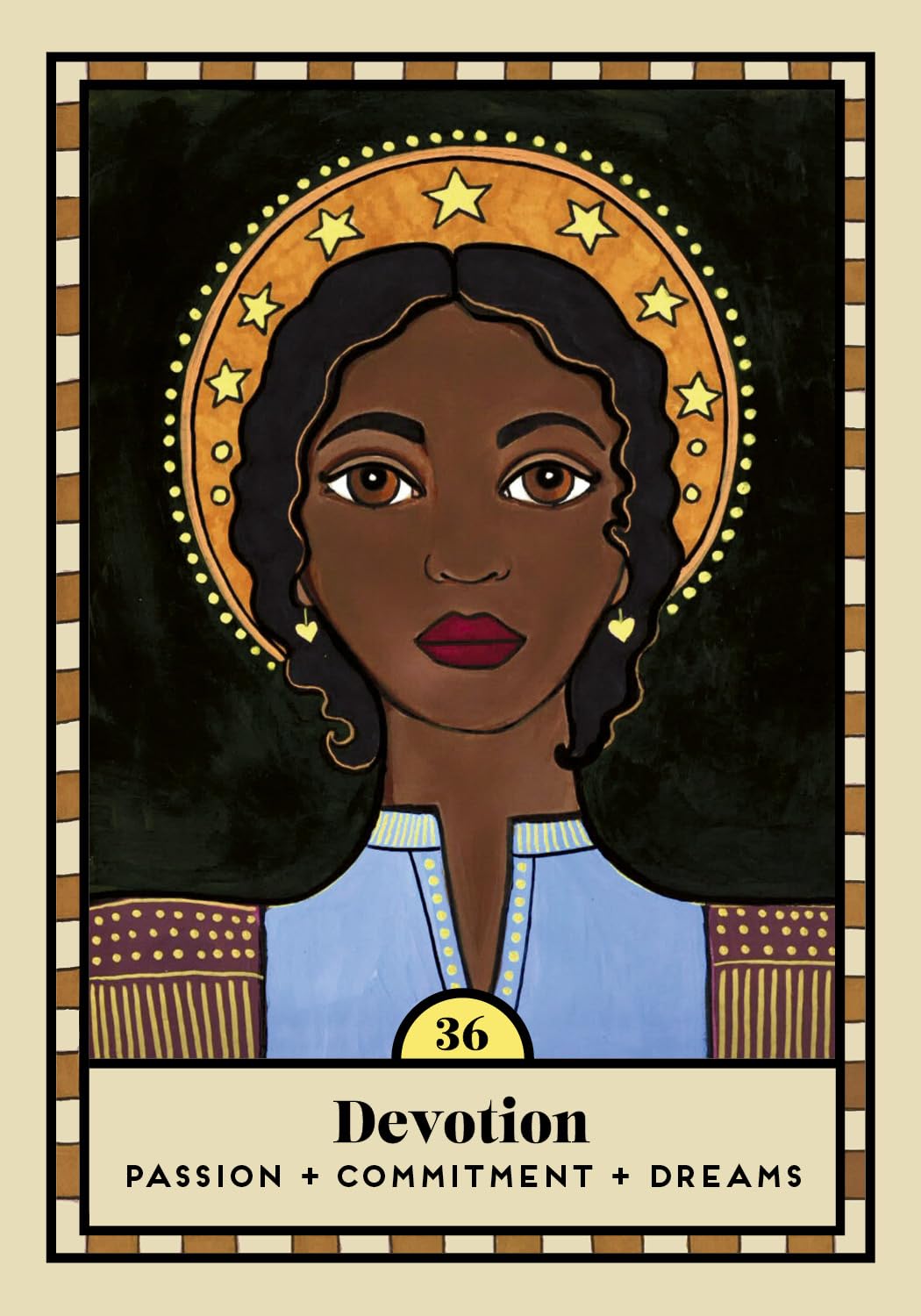 Illustration of a woman with stars around her head, labeled 'Devotion' on a black background.