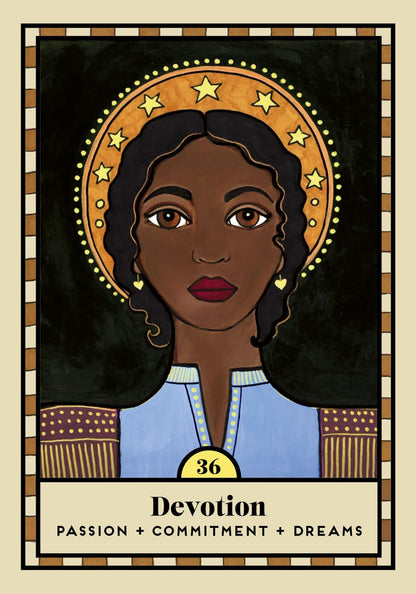 Illustration of a woman with stars around her head, labeled 'Devotion' on a black background.