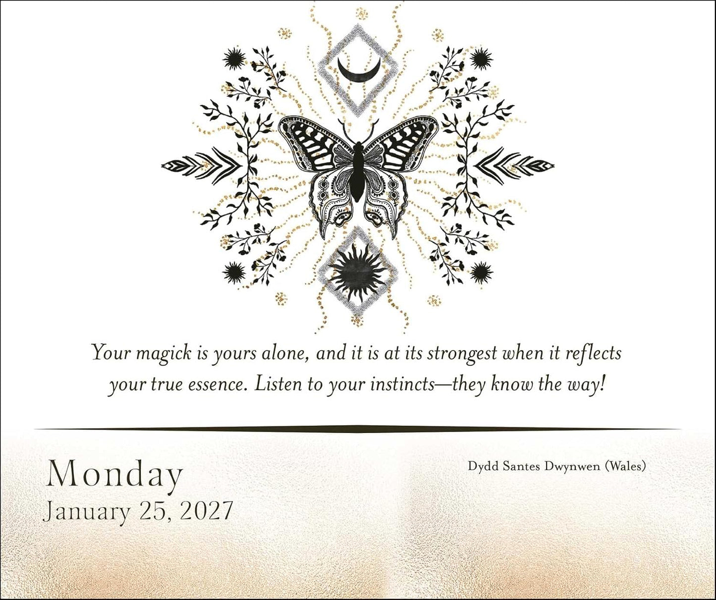 A square card or print featuring a central black-and-gold butterfly surrounded by ornate floral and celestial line art on a white background, with a quote beneath and the text 'Monday January 25, 2027' plus 'Dydd Santes Dwynwen (Wales)' in the lower left and right.
Year of the Witch 2027 Day-to-Day Desk Calendar featuring daily witch-inspired artwork, magical themes and seasonal inspiration in a freestanding tear-off format.
