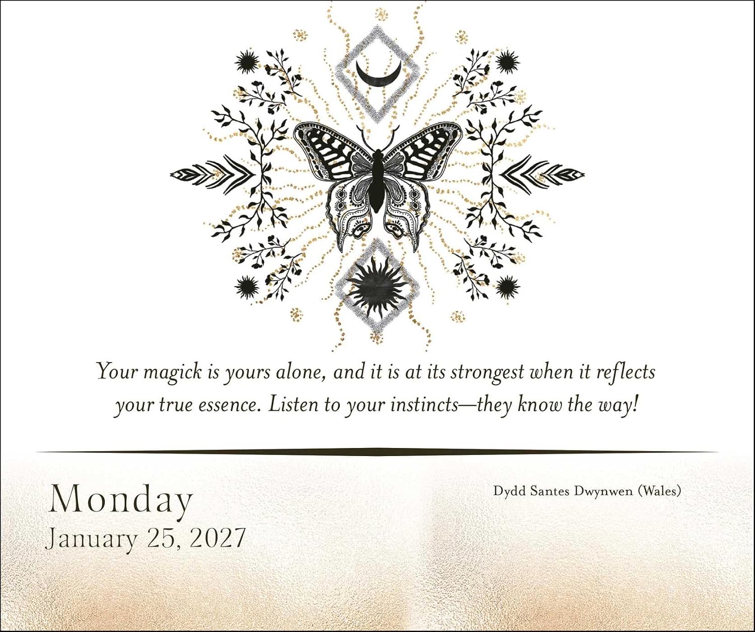 A square card or print featuring a central black-and-gold butterfly surrounded by ornate floral and celestial line art on a white background, with a quote beneath and the text 'Monday January 25, 2027' plus 'Dydd Santes Dwynwen (Wales)' in the lower left and right.
Year of the Witch 2027 Day-to-Day Desk Calendar featuring daily witch-inspired artwork, magical themes and seasonal inspiration in a freestanding tear-off format.
