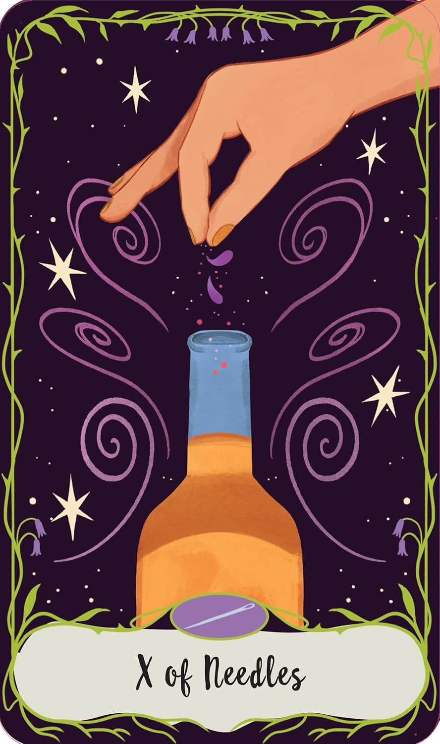 Card from a tarot deck showing a hand reaching towards a bottle labeled 'X of Needles' against a starry night background. Practical Magic: The Motion Picture Official Tarot Deck & Guidebook featuring beautifully illustrated tarot cards inspired by the Owens sisters and their magical world.