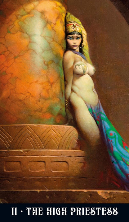 Artistic depiction of a high priestess with a colorful headdress against an ornate background. Frazetta Fantasy Tarot featuring authentic fantasy artwork by Frank Frazetta with heroic figures, mythical creatures, and classic sword and sorcery imagery.