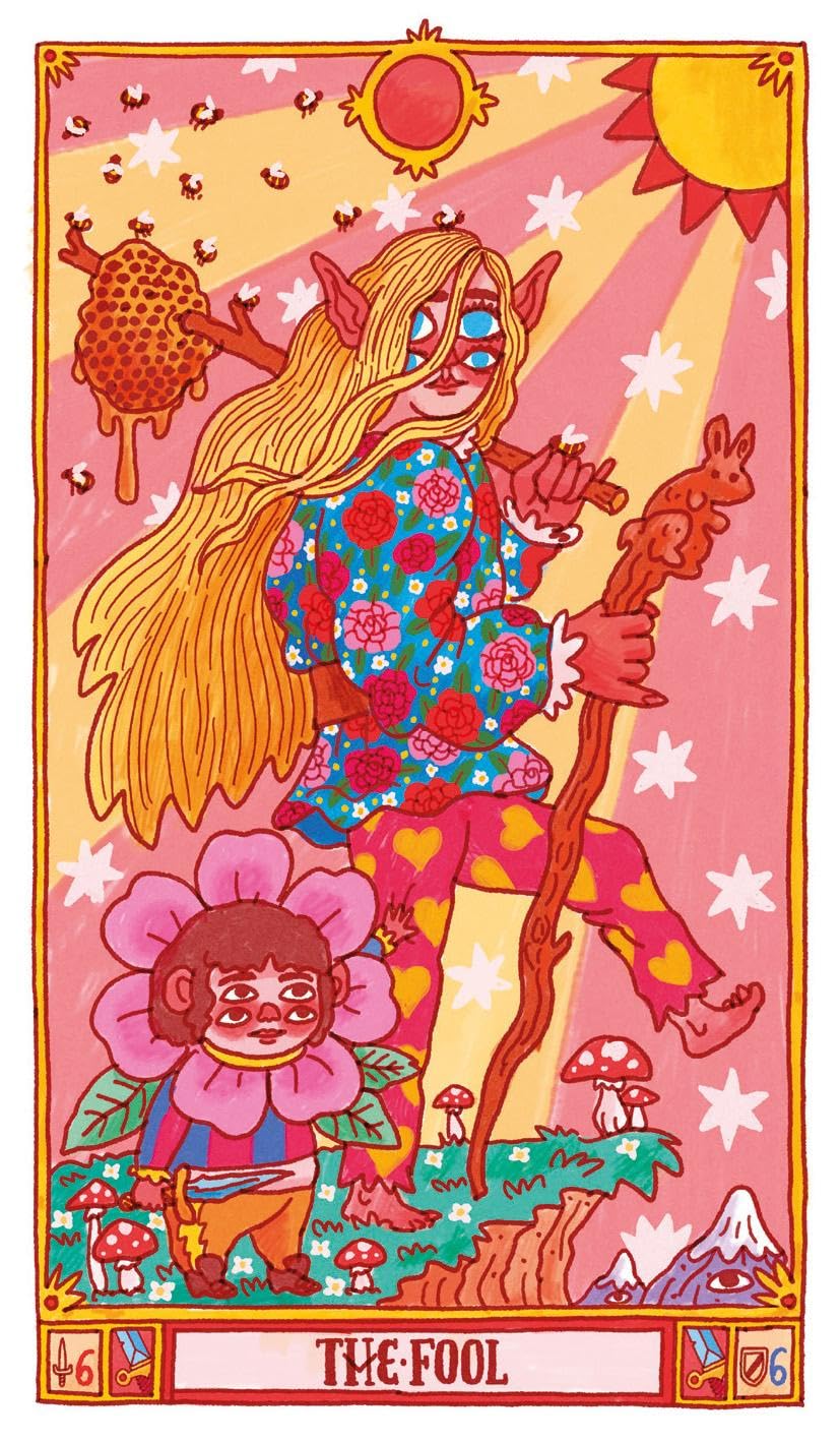 A colorful tarot-style illustration labeled 'THE FOOL' shows a whimsical figure with long blonde hair, pointed ears, and a patterned outfit, standing in a sunlit landscape with stars, flowers, mushrooms, and a bee. The artwork uses pink, orange, yellow, green, blue, and red in bold, roughly balanced colors.