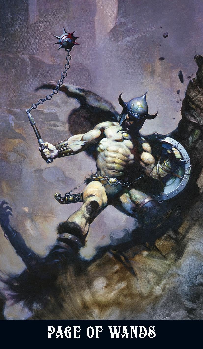 Fantasy artwork showing a winged warrior with a helmet and chain weapon, with the text 'PAGE OF WANDS' at the bottom. Frazetta Fantasy Tarot featuring authentic fantasy artwork by Frank Frazetta with heroic figures, mythical creatures, and classic sword and sorcery imagery.