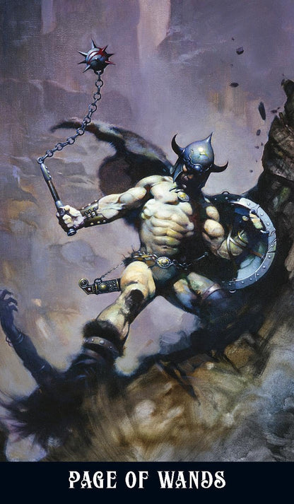 Fantasy artwork showing a winged warrior with a helmet and chain weapon, with the text 'PAGE OF WANDS' at the bottom. Frazetta Fantasy Tarot featuring authentic fantasy artwork by Frank Frazetta with heroic figures, mythical creatures, and classic sword and sorcery imagery.