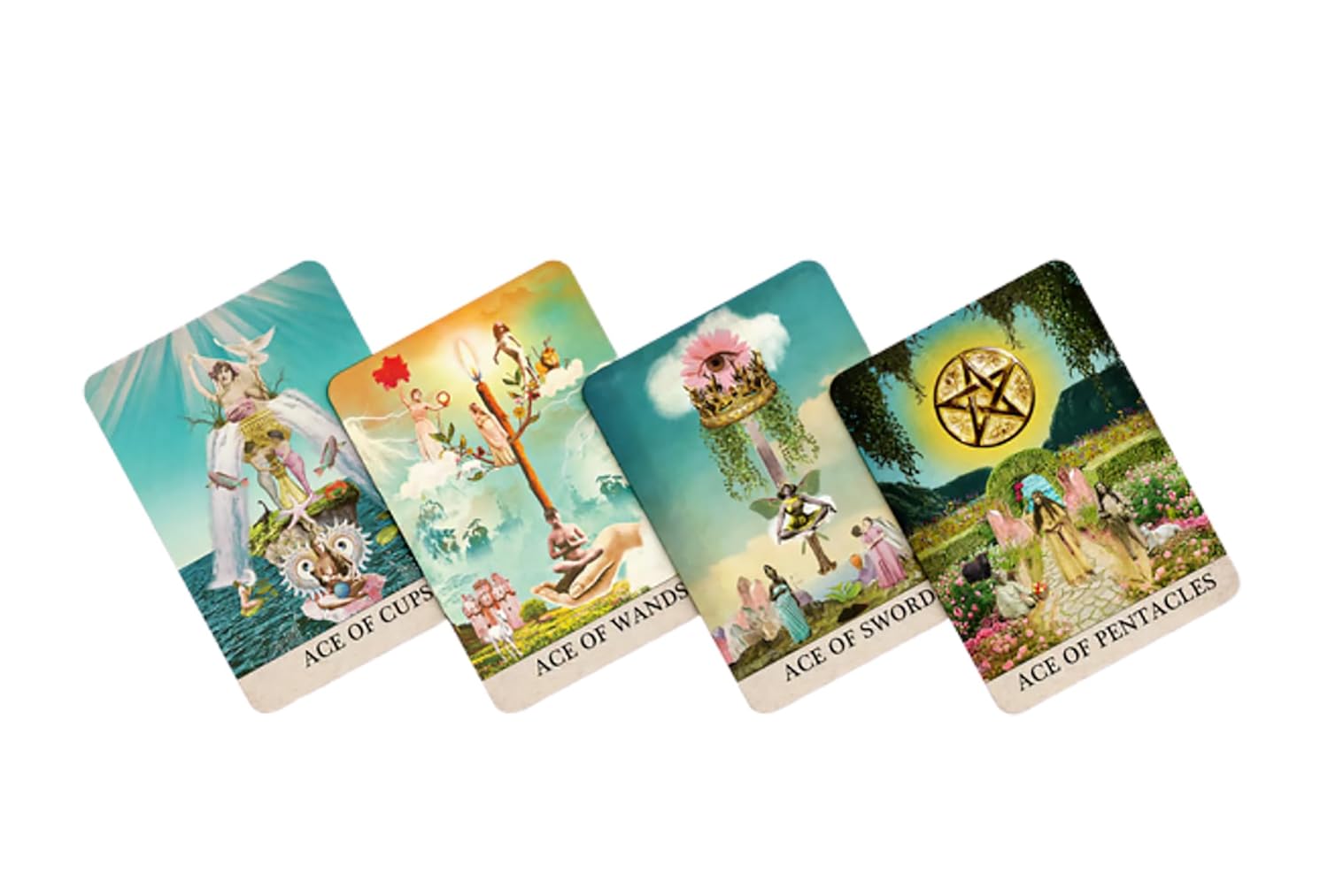 Moonjube Tarot Deck featuring surreal collage artwork, vibrant colours, astrological symbolism, and visionary Aquarian-inspired tarot imagery.