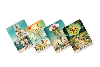 Moonjube Tarot Deck featuring surreal collage artwork, vibrant colours, astrological symbolism, and visionary Aquarian-inspired tarot imagery.
