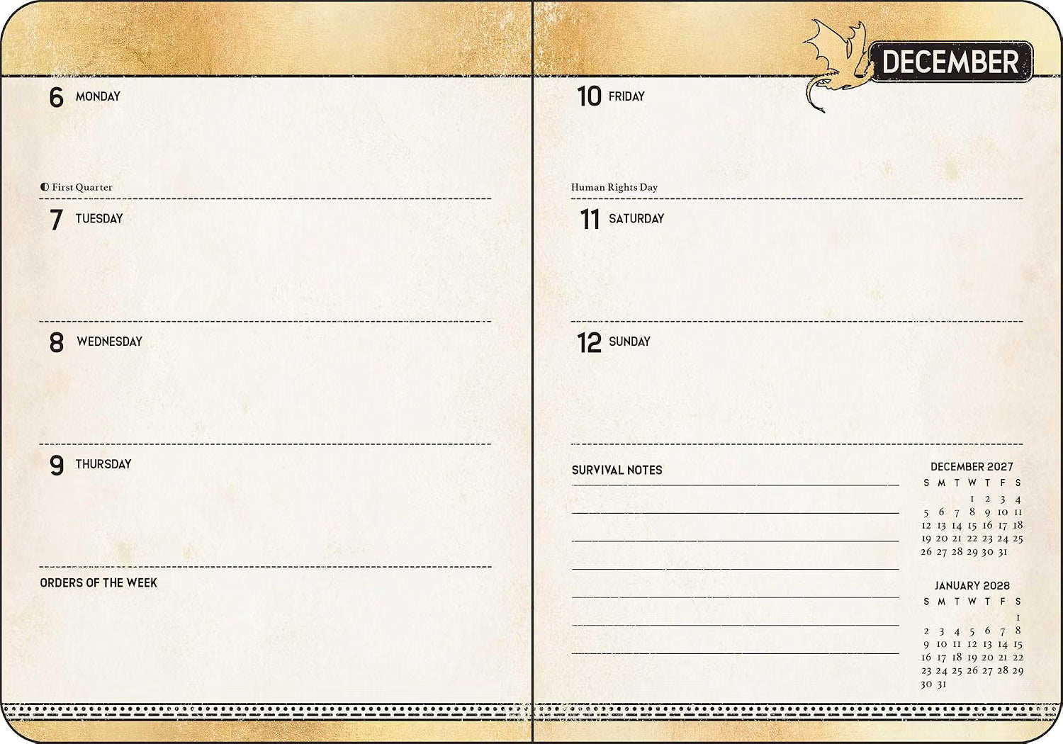 Fourth Wing 2027 monthly and weekly planner calendar with black dragon design and gold embellishment, official Empyrean series planner.