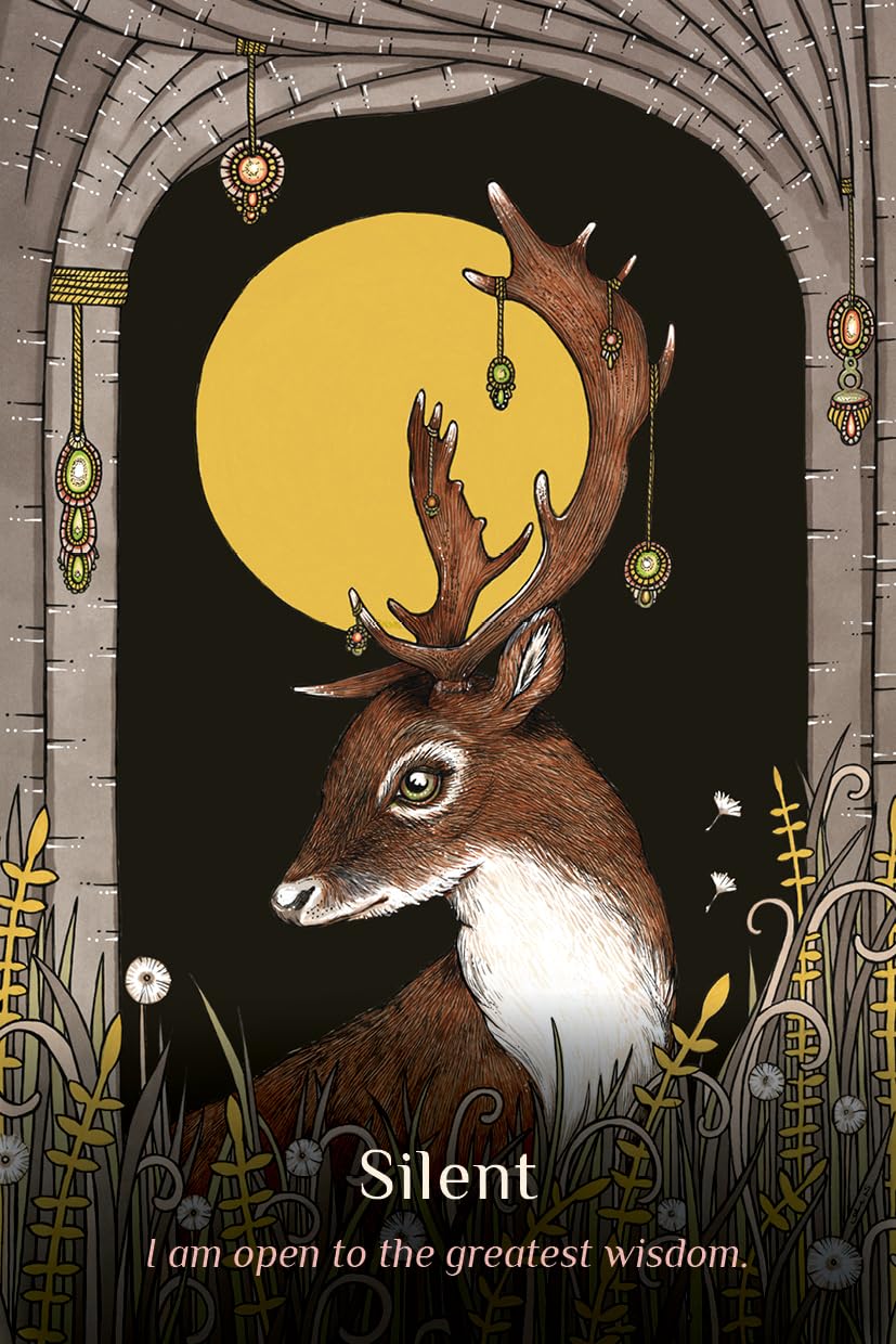 A stylized illustrated poster or print showing a deer with large antlers in profile against a black background with a large yellow moon. The scene is framed by an ornate stone archway with hanging ornaments, decorative plants, and the text 'Silent' and 'I am open to the greatest wisdom. Milk Thistle Moon Message Cards by Anita Inverarity featuring 70 beautifully illustrated moon-inspired guidance cards with a companion booklet.