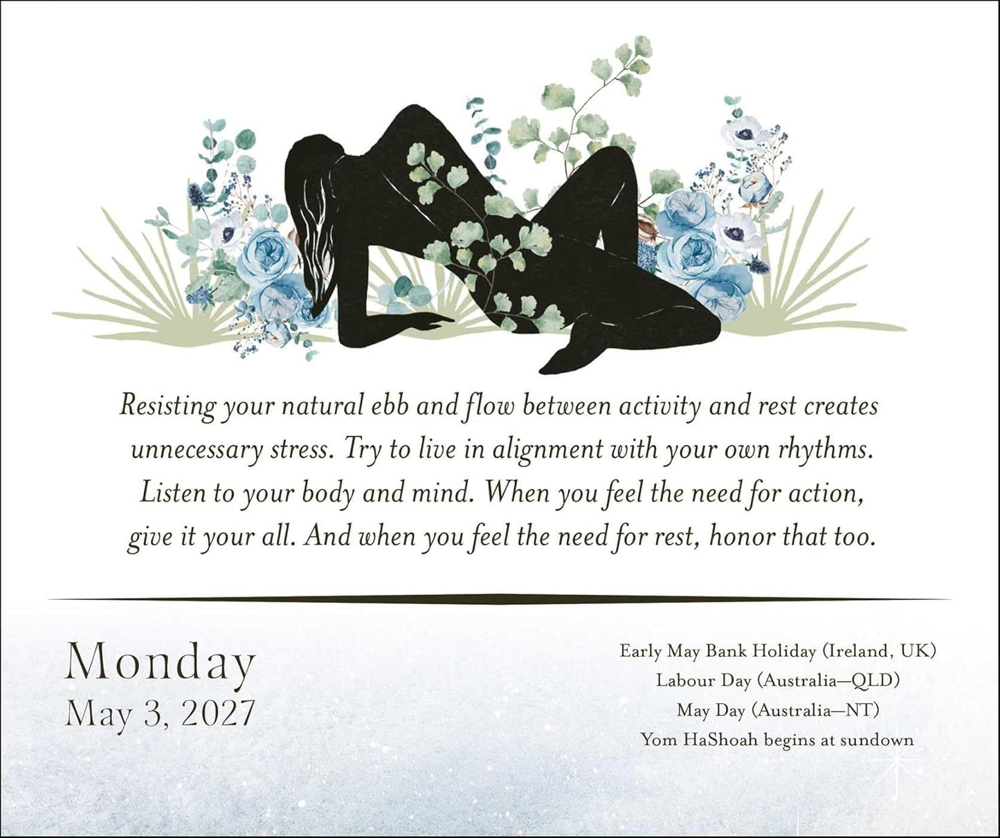 A weekly wellness and mindfulness card for Monday, May 3, 2027, featuring a black silhouette of a woman in a kneeling pose surrounded by blue flowers and green leaves, with motivational text and calendar details below.
Year of the Witch 2027 Day-to-Day Desk Calendar featuring daily witch-inspired artwork, magical themes and seasonal inspiration in a freestanding tear-off format.