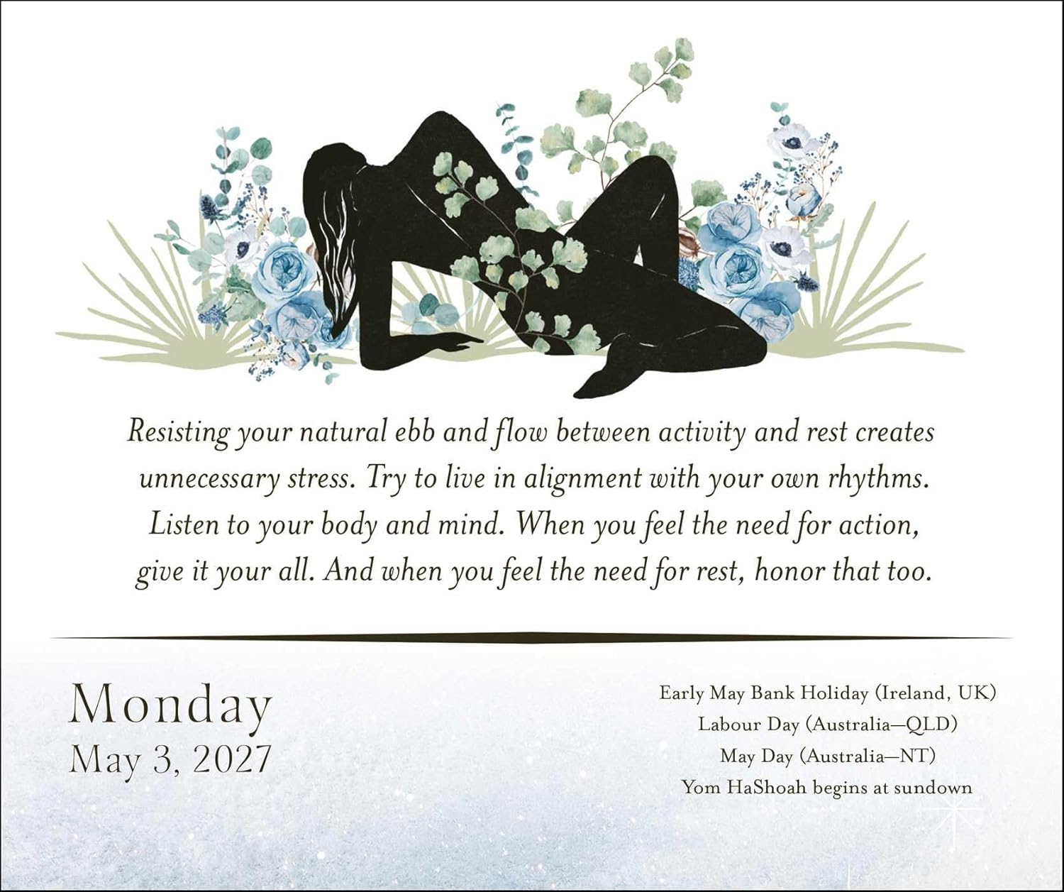 A weekly wellness and mindfulness card for Monday, May 3, 2027, featuring a black silhouette of a woman in a kneeling pose surrounded by blue flowers and green leaves, with motivational text and calendar details below.
Year of the Witch 2027 Day-to-Day Desk Calendar featuring daily witch-inspired artwork, magical themes and seasonal inspiration in a freestanding tear-off format.
