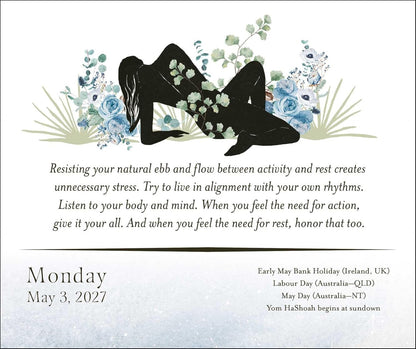 A weekly wellness and mindfulness card for Monday, May 3, 2027, featuring a black silhouette of a woman in a kneeling pose surrounded by blue flowers and green leaves, with motivational text and calendar details below.
Year of the Witch 2027 Day-to-Day Desk Calendar featuring daily witch-inspired artwork, magical themes and seasonal inspiration in a freestanding tear-off format.