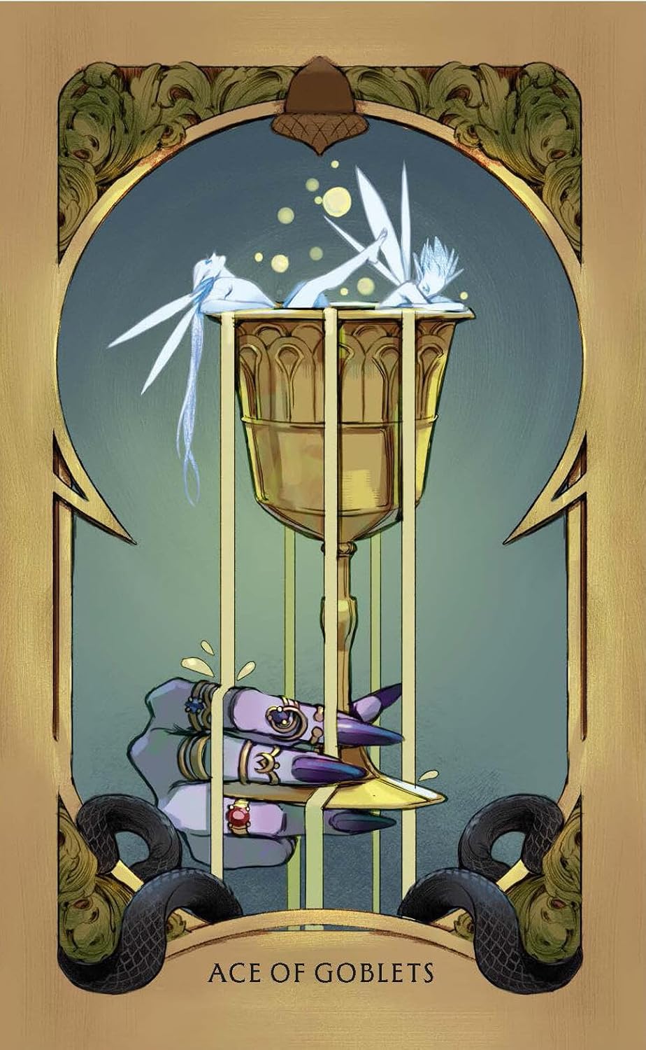 Holly Black's Faerie Tarot official deluxe gold-foiled tarot deck inspired by the World of Elfhame featuring fantasy artwork and a companion guidebook. Ace of cups goblets