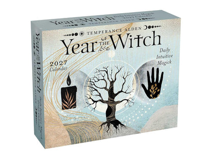 Calendar box for 'Year of the Witch' with tree, candle, and hand design on a white background
Year of the Witch 2027 Day-to-Day Desk Calendar featuring daily witch-inspired artwork, magical themes and seasonal inspiration in a freestanding tear-off format.