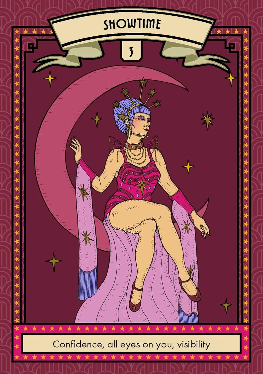 A stylized tarot card illustration titled 'SHOWTIME 5' featuring a seated woman on a crescent moon with stars, set against a deep burgundy background with decorative borders and the phrase 'Confidence, all eyes on you, visibility' at the bottom.
Glamour Oracle by Lisa Lister featuring a 36-card oracle deck inspired by vintage glamour, magical self-care rituals and modern witchcraft with a companion guidebook.