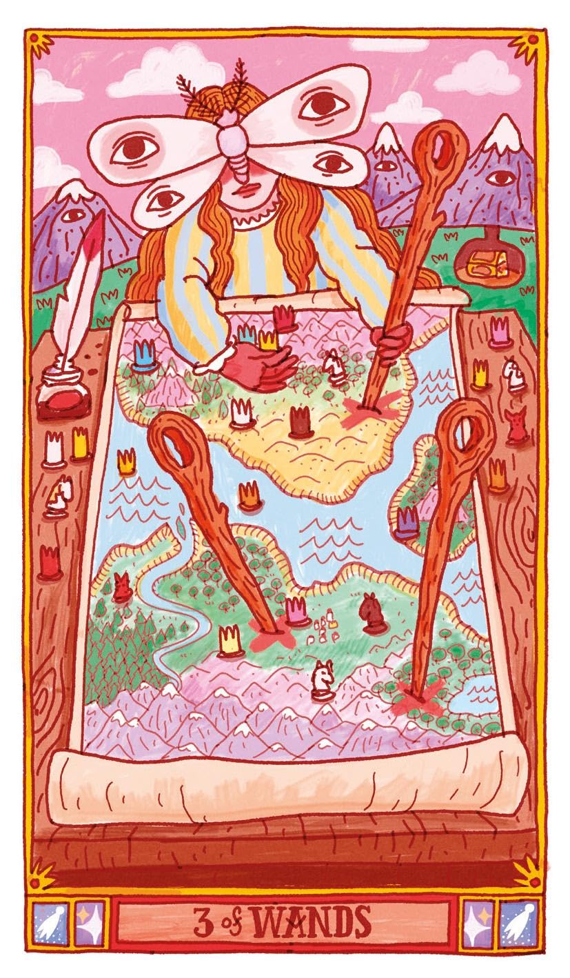 A colorful tarot-style illustration labeled '3 of Wands' at the bottom, showing a fantasy scene with a large butterfly-like head, a figure in a striped robe, mountains, trees, and several large wands laid over a map-like surface.