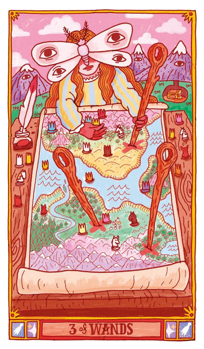 A colorful tarot-style illustration labeled '3 of Wands' at the bottom, showing a fantasy scene with a large butterfly-like head, a figure in a striped robe, mountains, trees, and several large wands laid over a map-like surface.