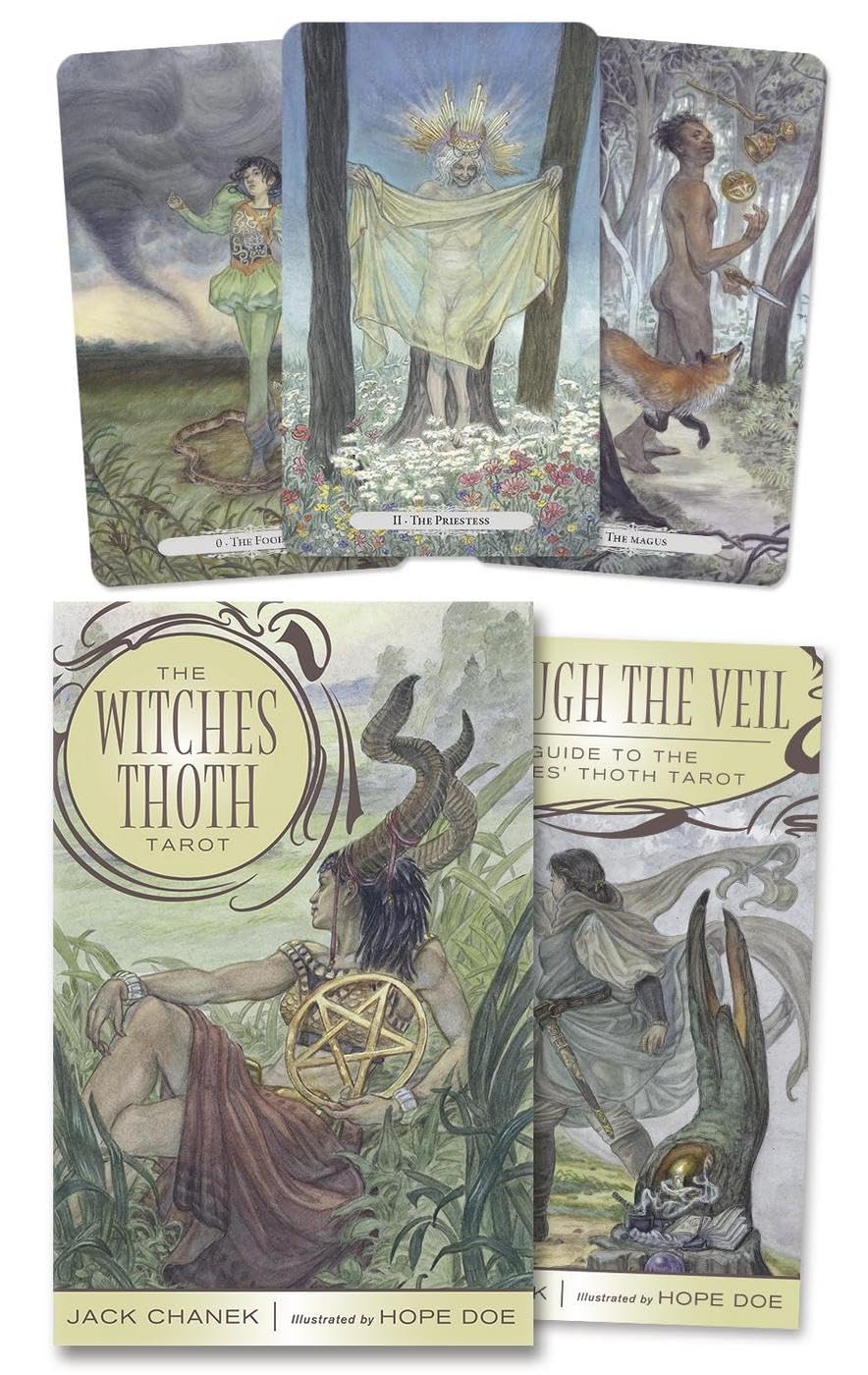 The Witches Thoth Tarot deck and its guidebook shown against a white background, featuring mystical forest illustrations with figures, trees, and celestial elements.