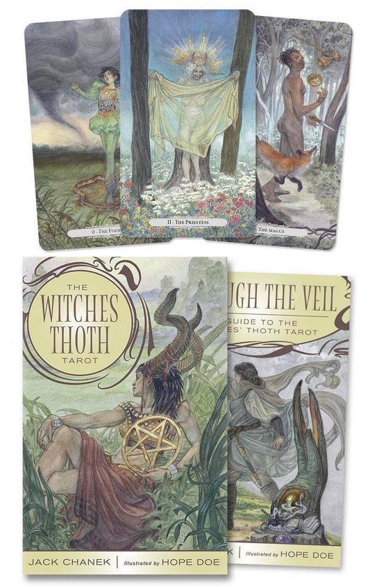 The Witches Thoth Tarot deck and its guidebook shown against a white background, featuring mystical forest illustrations with figures, trees, and celestial elements.
