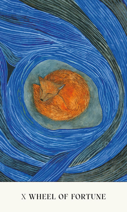 Illustration of a fox curled up in a blue swirling pattern with 'X Wheel of Fortune' text below. Soul Tarot by Lindsay Mack and Chelsea Granger featuring contemporary artwork and a 78-card tarot deck created for healing, self-discovery, and intuitive practice.