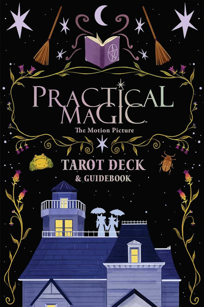 Cover of 'Practical Magic' motion picture tarot deck and guidebook with decorative elements and house illustration.