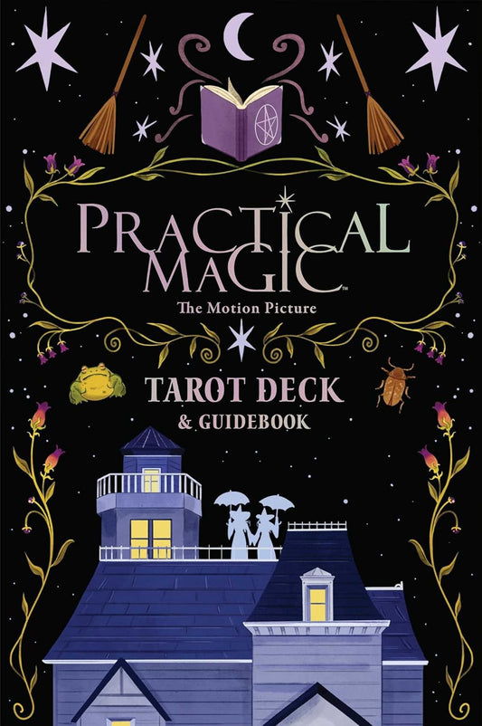 Cover of 'Practical Magic' motion picture tarot deck and guidebook with decorative elements and house illustration.