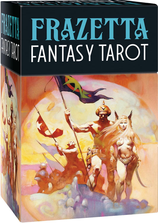 Frazetta Fantasy Tarot box with artwork of a warrior and woman on a colorful background Frazetta Fantasy Tarot featuring authentic fantasy artwork by Frank Frazetta with heroic figures, mythical creatures, and classic sword and sorcery imagery.