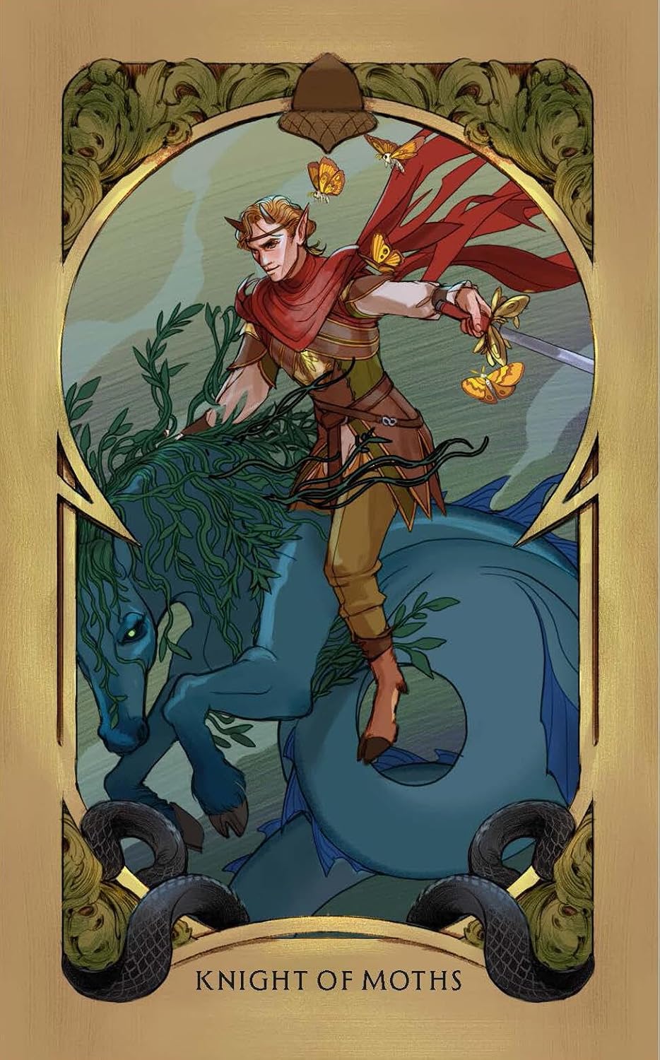 A tarot-style card illustration titled 'Knight of Moths' showing a knight in red and brown armor riding a blue moth-like creature, framed by ornate gold decorative borders on a beige background. Holly Black's Faerie Tarot official deluxe gold-foiled tarot deck inspired by the World of Elfhame featuring fantasy artwork and a companion guidebook.