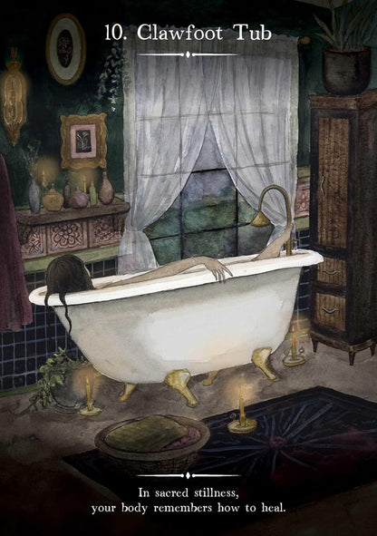 Illustration of a clawfoot bathtub in a vintage-style room with a window and decorative items.
Witch's Homestead Oracle by Hadas Knox and Giada Rose featuring enchanting cottagecore artwork inspired by Victorian homesteads, folk magic, and nature.