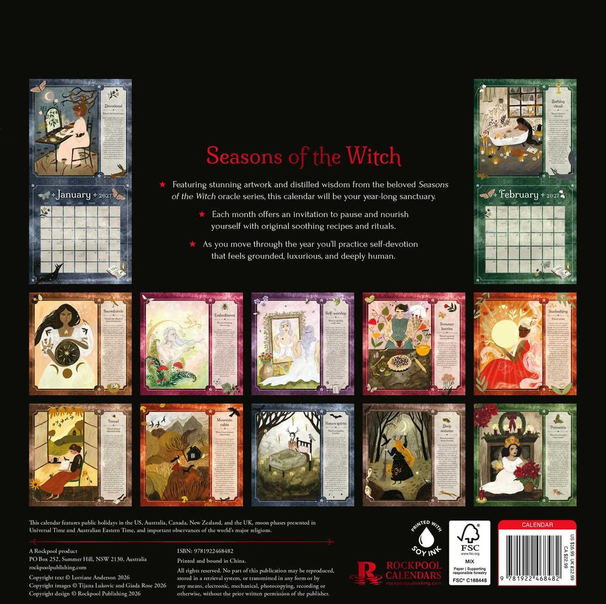 Back cover of a 'Seasons of the Witch' 12-month ritual calendar, showing a grid of twelve illustrated monthly pages on a black background with product details and a barcode.
