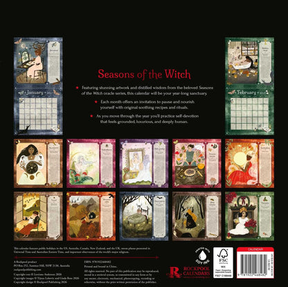 Back cover of a 'Seasons of the Witch' 12-month ritual calendar, showing a grid of twelve illustrated monthly pages on a black background with product details and a barcode.