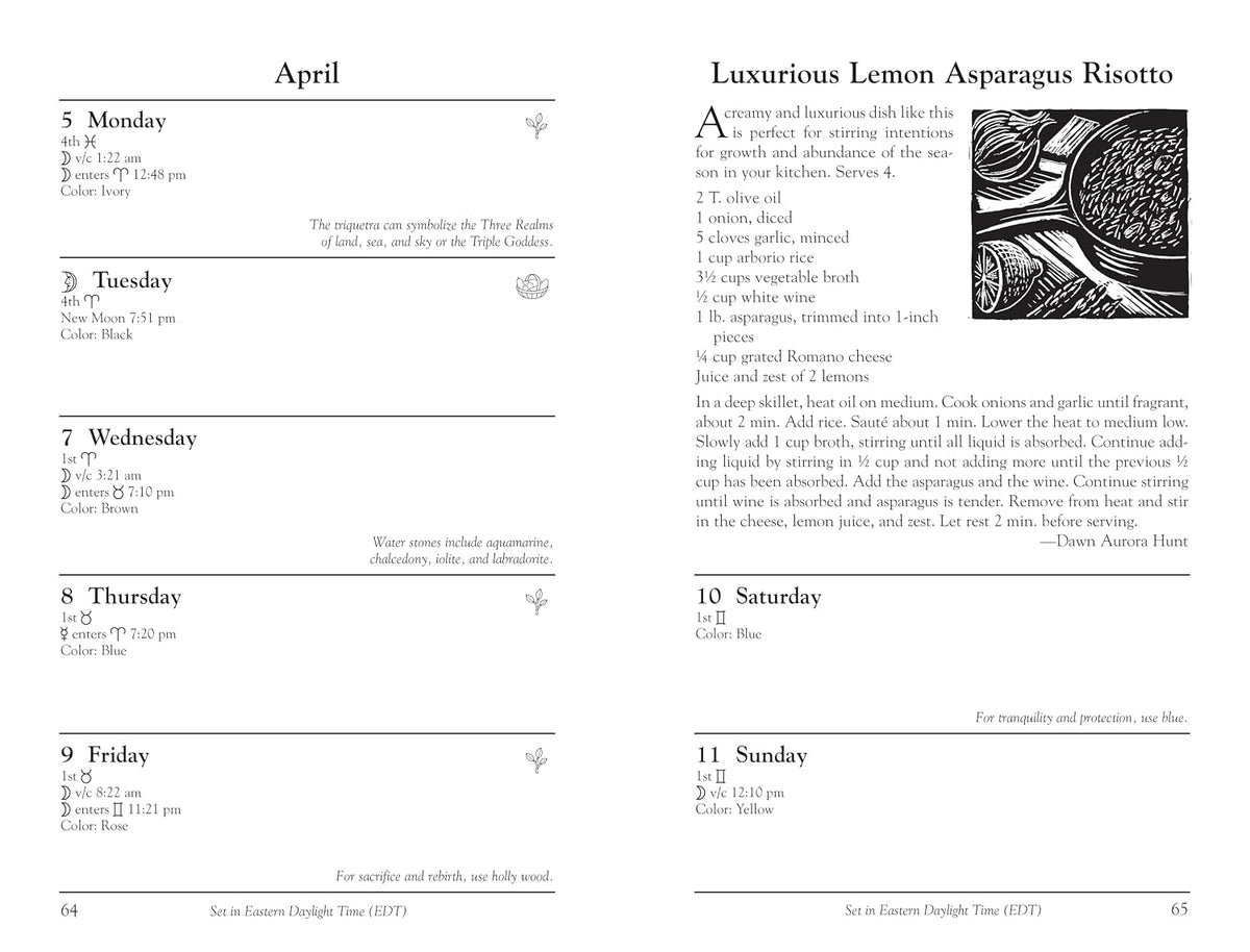 A printed recipe card or booklet page showing a weekly schedule for preparing 'Luxurious Lemon Asparagus Risotto' with ingredients, times, and notes from Monday to Sunday, alongside a small black-and-white asparagus photo.