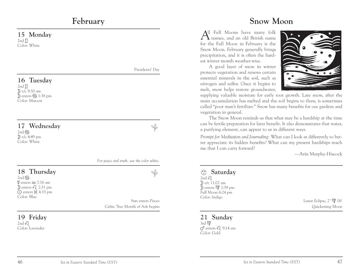 A two-page spread from a calendar or journal showing February with daily entries from Monday through Sunday, alongside a black-and-white illustration labeled Snow Moon and a short inspirational quote.