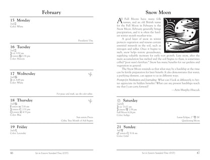 A two-page spread from a calendar or journal showing February with daily entries from Monday through Sunday, alongside a black-and-white illustration labeled Snow Moon and a short inspirational quote.