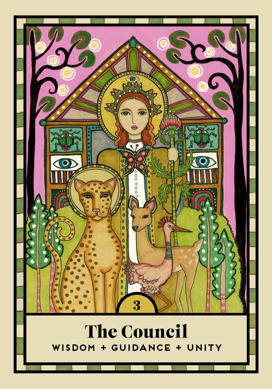 A stylized tarot card titled 'The Council' with the subtitle 'Wisdom + Guidance + Unity.' The card features an illustrated woman in a crown standing before a decorated arch, with a leopard and a deer in the foreground, on a pink and green background with a beige border.