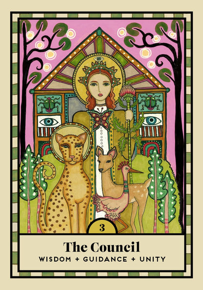 A stylized tarot card titled 'The Council' with the subtitle 'Wisdom + Guidance + Unity.' The card features an illustrated woman in a crown standing before a decorated arch, with a leopard and a deer in the foreground, on a pink and green background with a beige border.