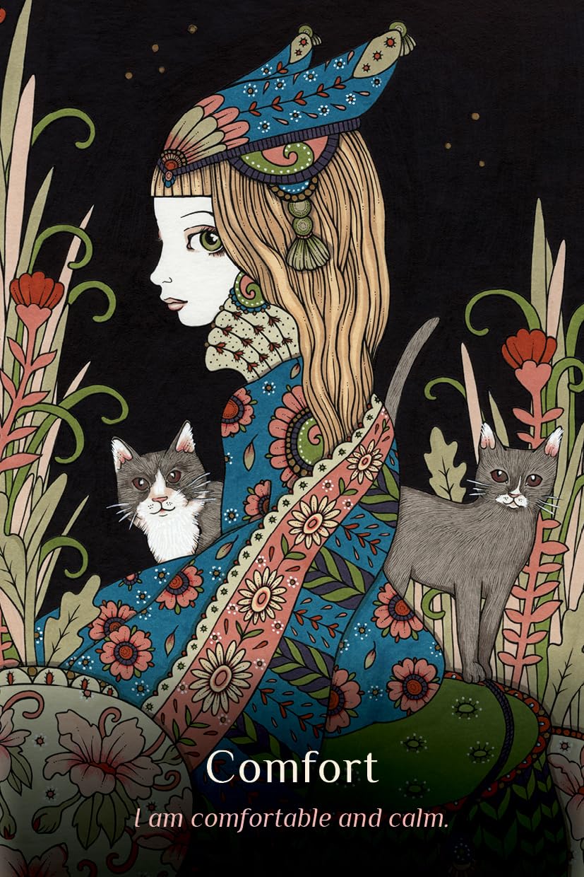 An illustrated art print featuring a woman in profile wearing a blue patterned hat and matching floral dress, seated with two gray cats on her lap against a dark background with decorative plants. The text at the bottom reads, 'Comfort I am comfortable and calm. Milk Thistle Moon Message Cards by Anita Inverarity featuring 70 beautifully illustrated moon-inspired guidance cards with a companion booklet.