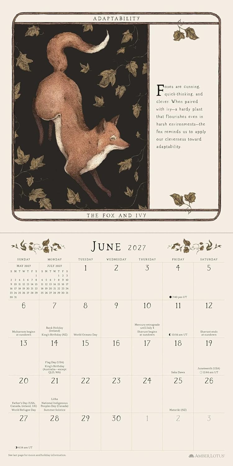 A printed calendar page featuring a large illustrated fox on a dark background with autumn leaves and a poem, above a June 2027 monthly grid on a warm beige page.
Woodland Wardens 2027 Mini Wall Calendar by Jessica Roux featuring botanical illustrations, woodland animals and seasonal nature artwork inspired by the Woodland Wardens Oracle.