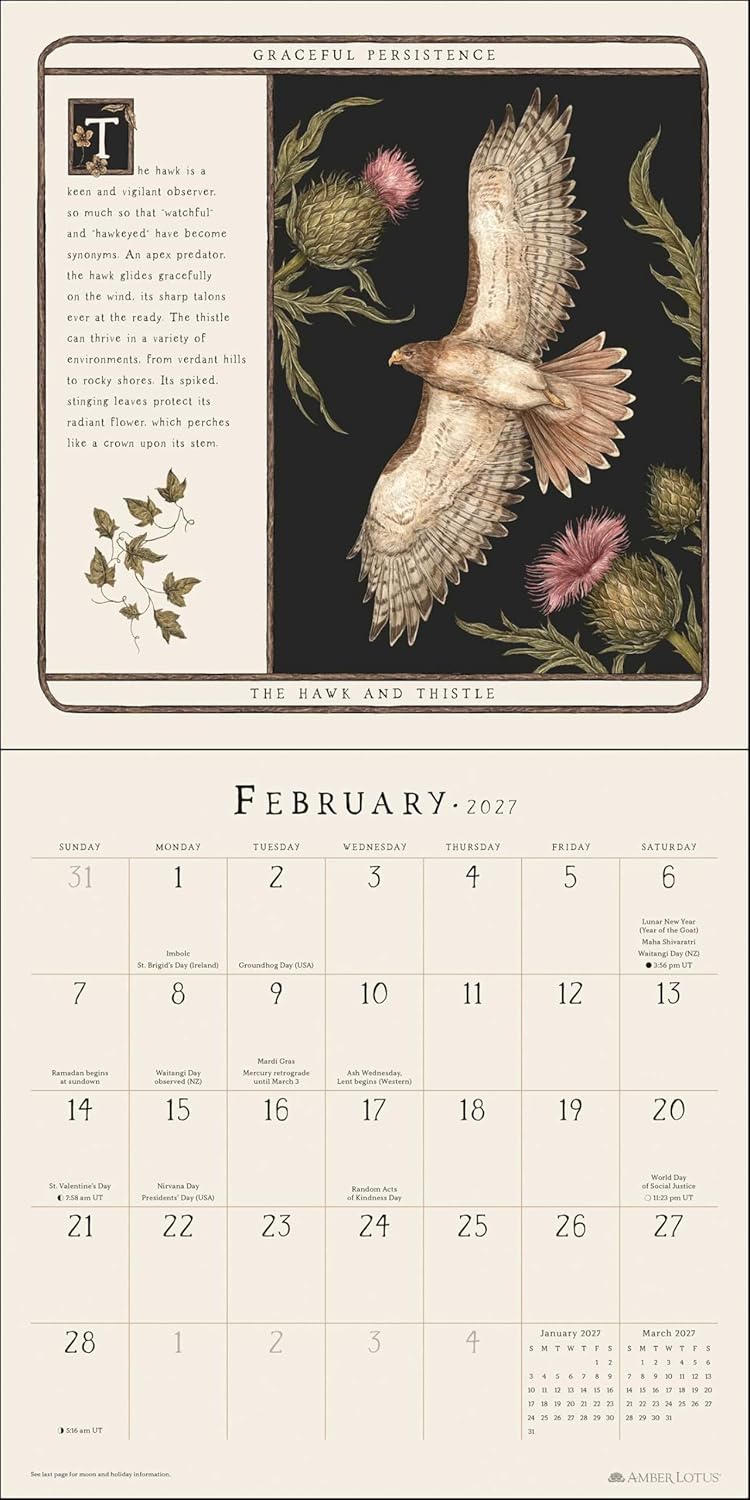 February 2021 page from a vintage-style wall calendar featuring an illustration of a hawk and thistle on a dark background, with a cream calendar grid below.