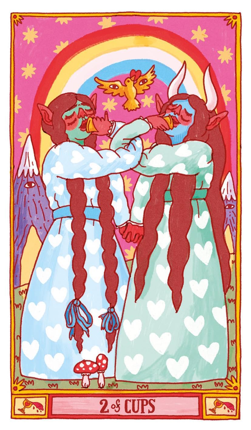 A stylized tarot card illustration labeled '2 of Cups' showing two horned figures in white hearts-patterned robes facing each other under a rainbow and bird, with pink, yellow, blue, and red tones throughout.