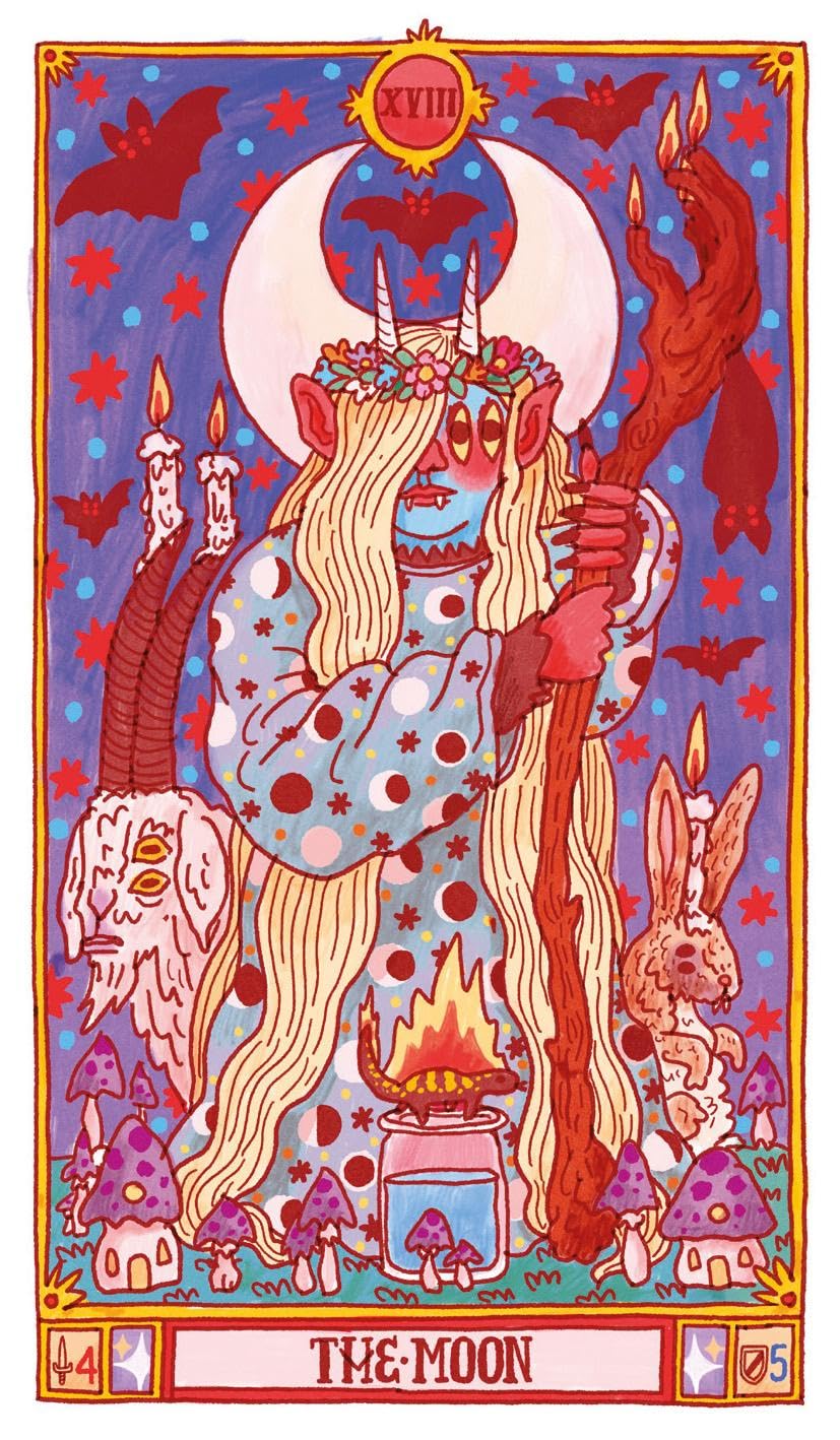 A colorful tarot-style illustration labeled 'THE MOON' shows a horned figure with long blonde hair, a staff, candles, bats, mushrooms, a rabbit, and a moon against a purple starry background.