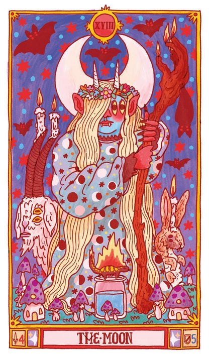 A colorful tarot-style illustration labeled 'THE MOON' shows a horned figure with long blonde hair, a staff, candles, bats, mushrooms, a rabbit, and a moon against a purple starry background.