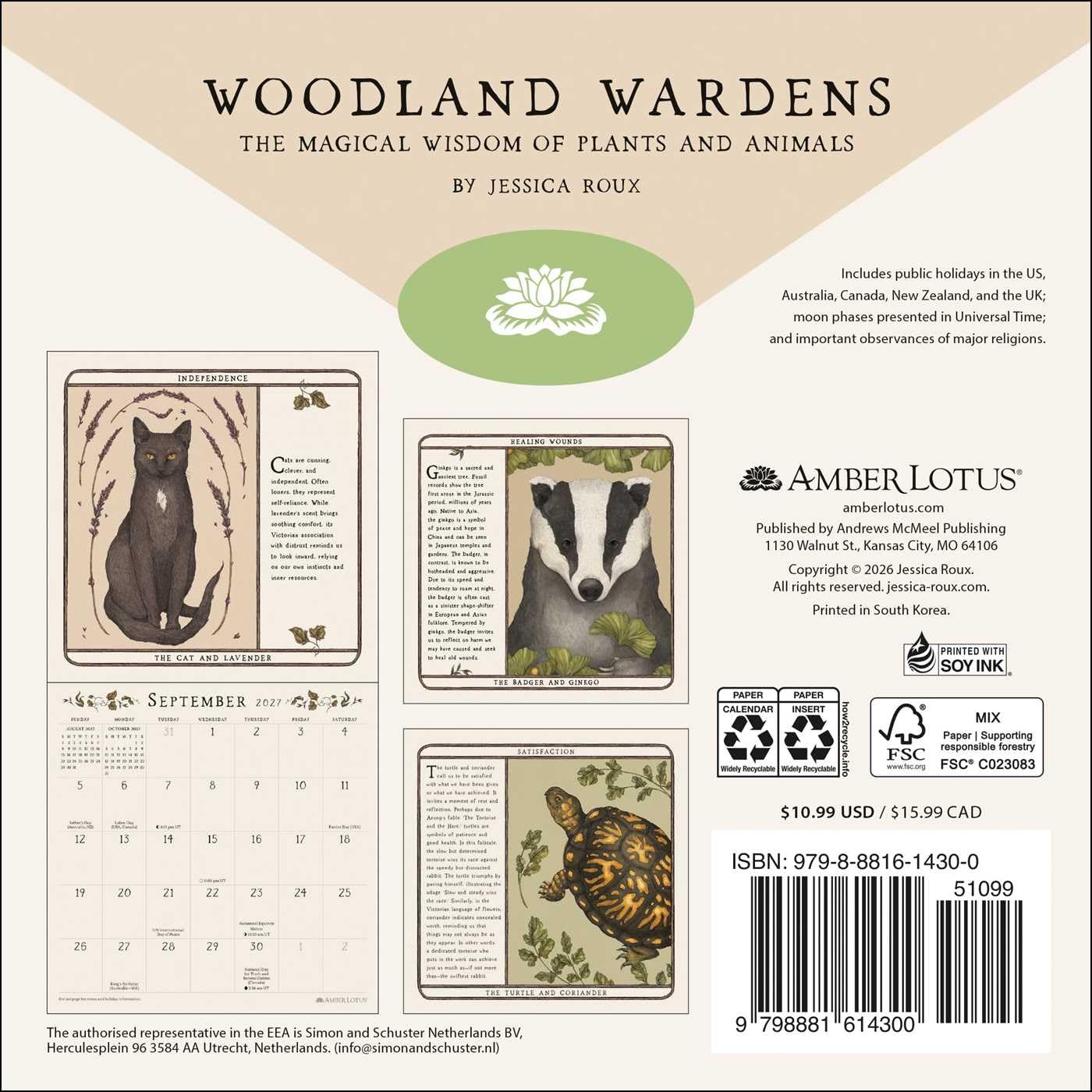 Back cover of the 'Woodland Wardens' calendar by Jessica Roux, showing sample calendar pages with woodland-themed illustrations of a fox, a rabbit, a turtle, and a deer, alongside publisher information for Amber Lotus and Fair Winds Press.
Woodland Wardens 2027 Mini Wall Calendar by Jessica Roux featuring botanical illustrations, woodland animals and seasonal nature artwork inspired by the Woodland Wardens Oracle.