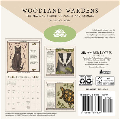 Back cover of the 'Woodland Wardens' calendar by Jessica Roux, showing sample calendar pages with woodland-themed illustrations of a fox, a rabbit, a turtle, and a deer, alongside publisher information for Amber Lotus and Fair Winds Press.
Woodland Wardens 2027 Mini Wall Calendar by Jessica Roux featuring botanical illustrations, woodland animals and seasonal nature artwork inspired by the Woodland Wardens Oracle.